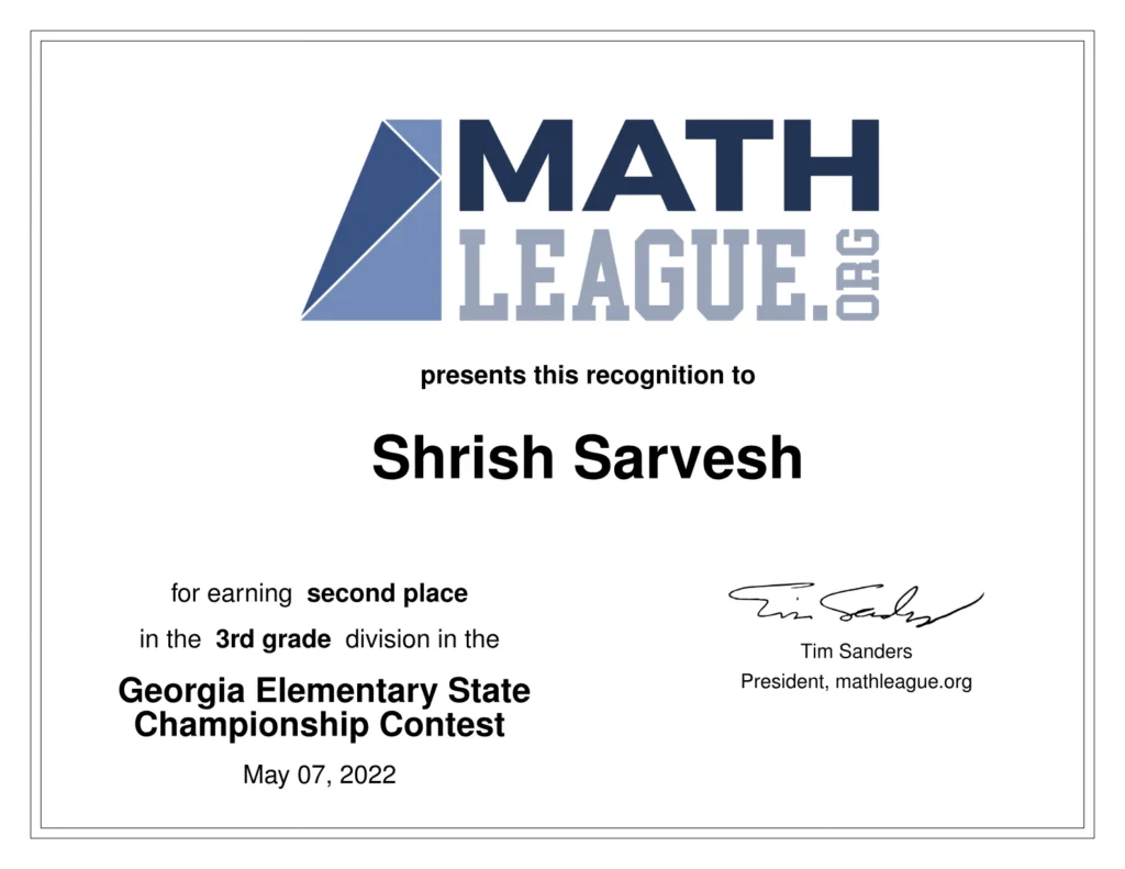 Math League State Level 2nd Place 2022