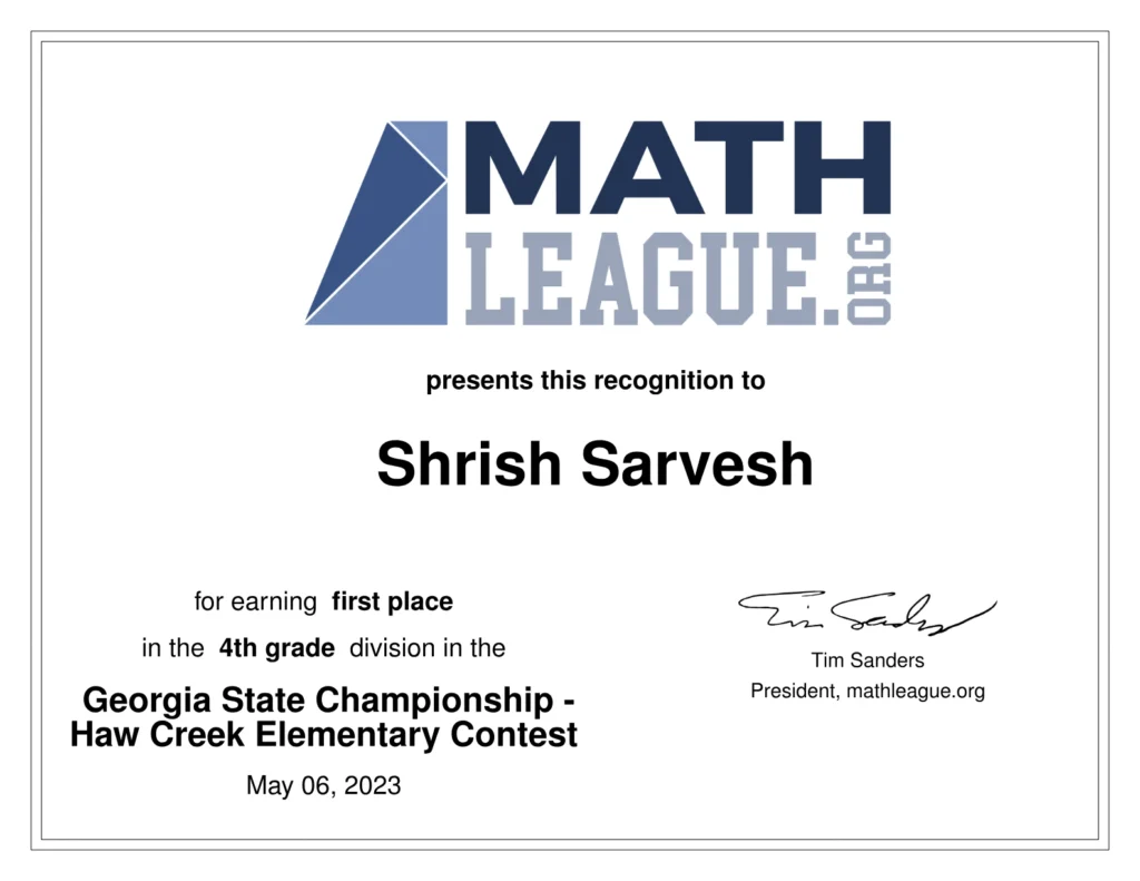 Math League Statel Level 1st Place 2023