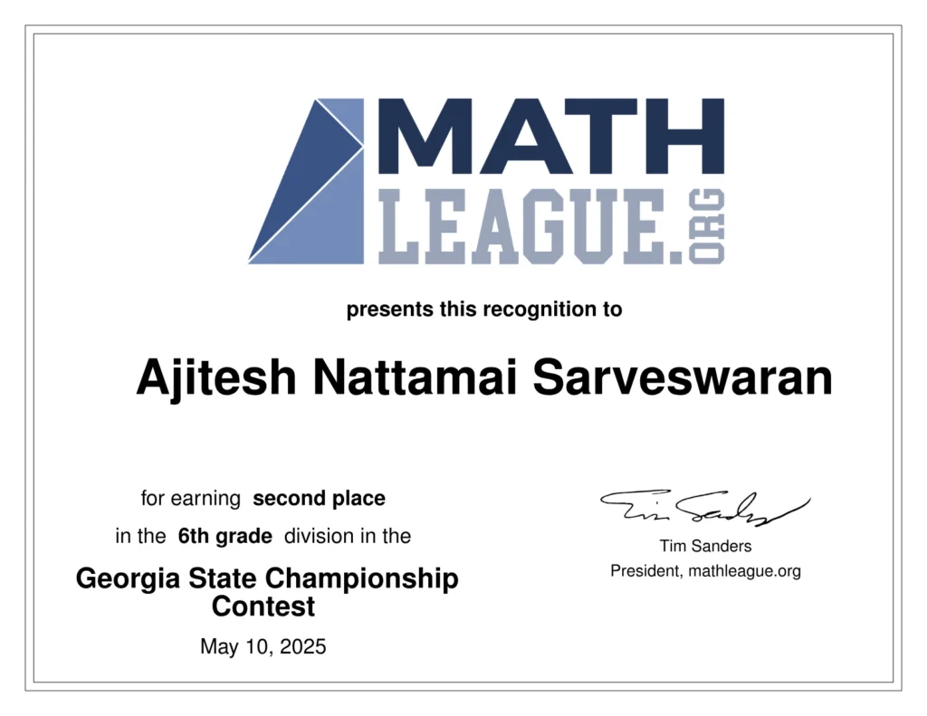 Math League State Award 2025